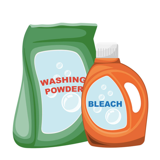 Cartoon sac de poudre à laver et bouteille d'eau de Javel. Illustration vectorielle
 - Vecteur, image