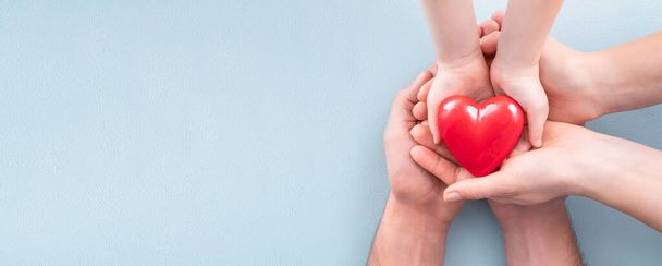 Ein Erwachsener, Mutter, Vater und Kind halten ein rotes Herz in den Händen. Konzept für Charity, Krankenversicherung, Liebe, Internationaler Kardiologietag. - Foto, Bild