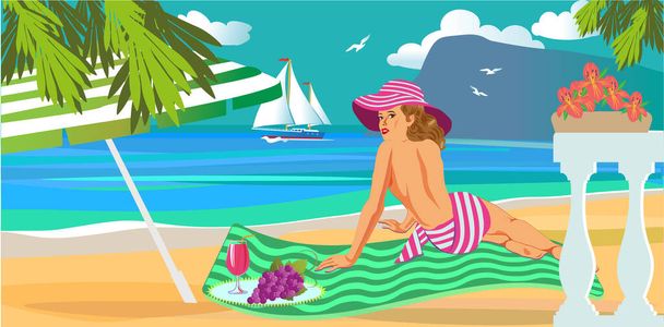 Girl resting in the summer on the sandy seashore, against the backdrop of a landscape with mountains and a boat. Vector - ベクター画像