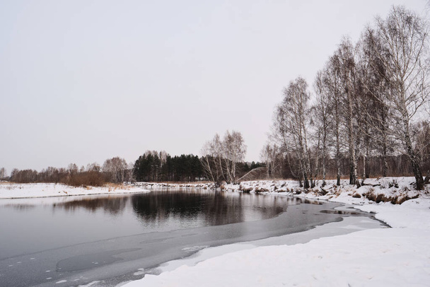 Zimowa sceneria brzegu rzeki z nagimi drzewami i czystym śniegiem, koncepcja natury - Zdjęcie, obraz
