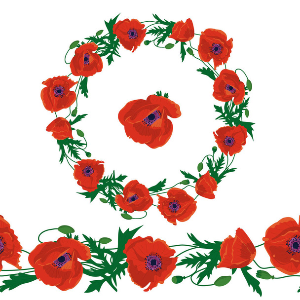 Ručně kreslené červené mák květiny kliparty. Květinové designové prvky bezešvé okraje štětce a věnec. Izolované na bílém pozadí. Vektorová ilustrace - Vektor, obrázek