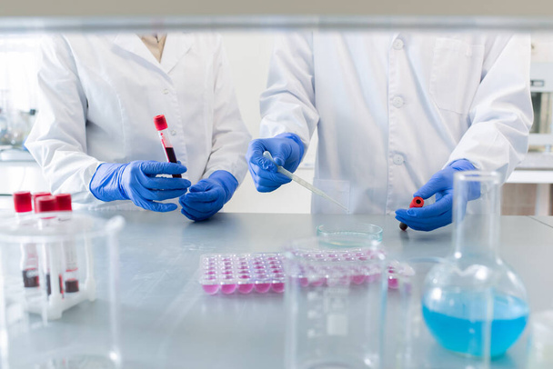Dos farmacólogos irreconocibles con batas blancas protectoras y guantes trabajando juntos en la nueva vacuna en el laboratorio moderno
 - Foto, imagen