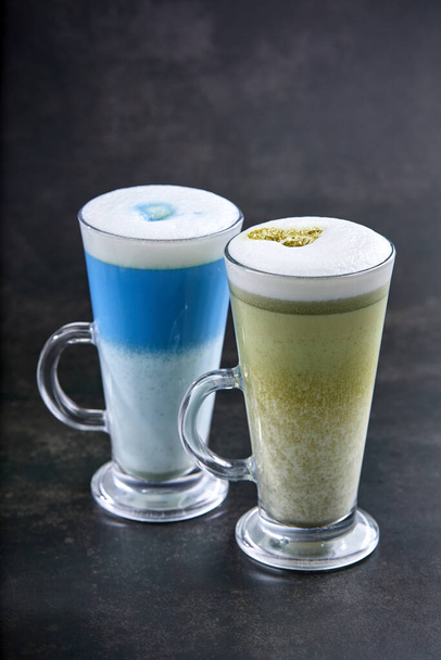 Tea matcha blended with coconut oil and butter in glasses,  Ketogenic keto diet hot drinks.   - Photo, Image