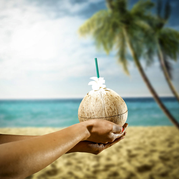 Fresh coconut drink in woman hand and ocean landscape. Beautiful sunny summer time background. Copy space for advertising products. - Photo, Image