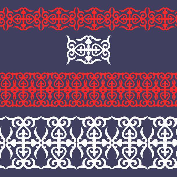 Sat of 3 seamless border and vector ornamental elements with motifs of Kazakh, Kyrgyz, Uzbek, national Asian decor for borders, textile, plate, tile, and print design. Workpiece for your design.  - Vektor, obrázek
