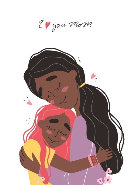 Beautiful young black african american woman and her charming little daughter. Girl hugs mom and smiles. Vector illustration in trendy style - Вектор, зображення