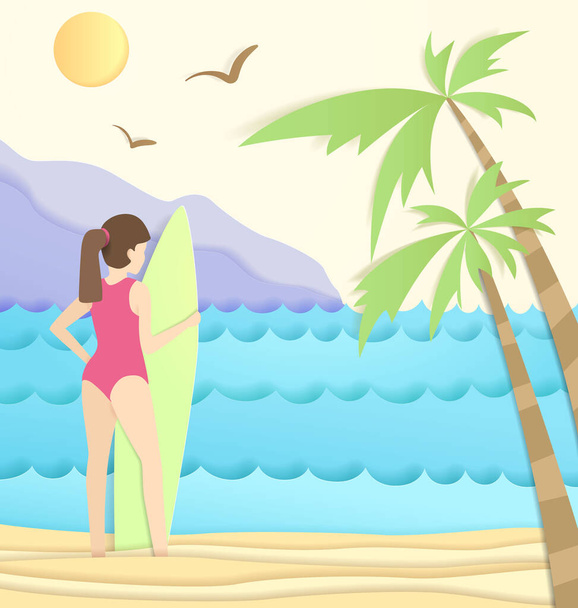 Meisje op het strand. Meisje met surfplank op tropisch strand. Papierkunst stijl vector illustratie - Vector, afbeelding