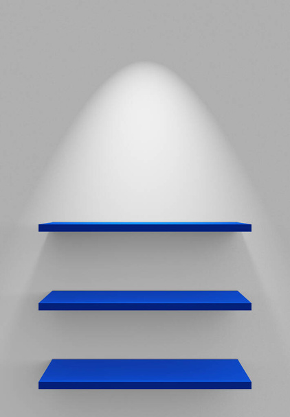 Three shelves on wall with lighting - White Blue - Foto, imagen
