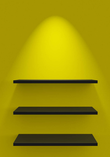 Three shelves on wall with lighting - Yellow Black - Foto, imagen