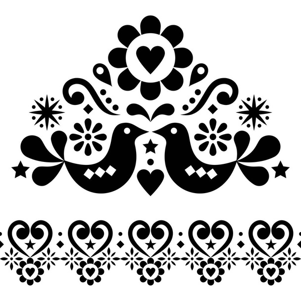 Valentin-napi népművészeti vektor design készlet üdvözlő kártya vagy esküvői meghívó - skandináv stílus minták madarak, szív és virágok  - Vektor, kép