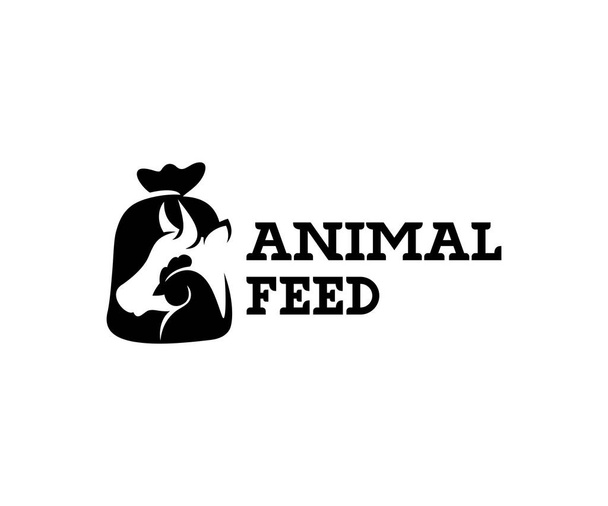 Alimentação animal e alimentos para animais de estimação, vaca, frango em bolsa de serapilheira saco, design de logotipo. Alimentos para gado, pecuária, fazenda, desenho vetorial e ilustração
 - Vetor, Imagem