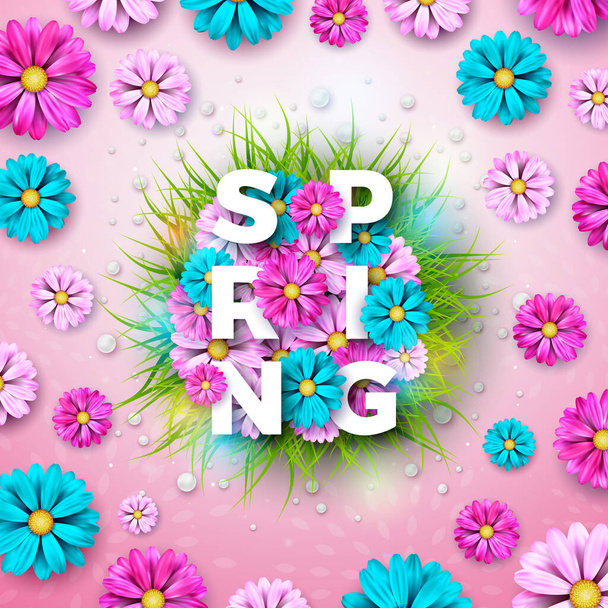 Vector Illustration on a Spring Nature Theme with Beautiful Colorful Flower on Pink Background. Floral Design Template with Typography Letter for Banner, Flyer, Invitation, Poster or Greeting Card. - Vector, Imagen