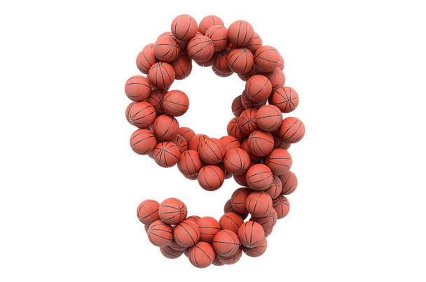 Number 9 from basketball balls, 3D rendering isolated on white background - Foto, Imagem