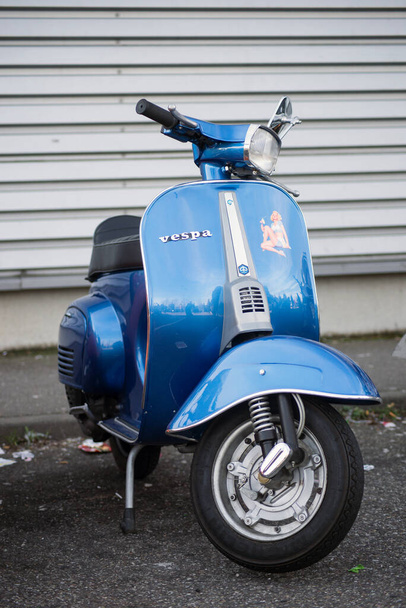 Mulhouse - France - 8 March 2020 -  front view of blue color vespa parked in the street - Photo, image