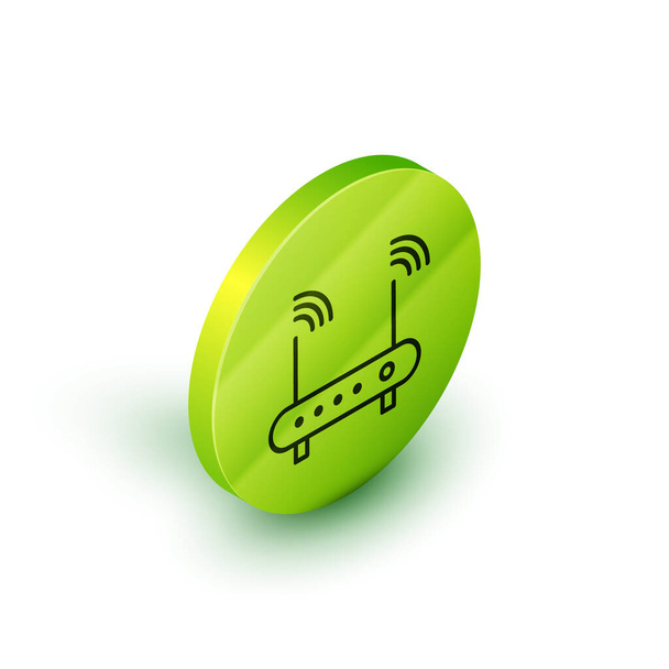 Isométrique ligne Routeur et wi-fi symbole de signal icône isolée sur fond blanc. Routeur de modem Ethernet sans fil. Internet informatique. Bouton rond vert. Illustration vectorielle
 - Vecteur, image