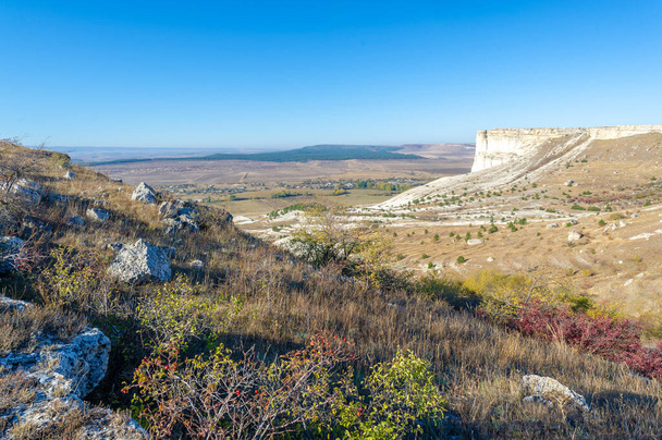 Photos of the Crimean autumn peninsula, Ak-Kaya White rock, Belogorsky district, the Biyuk-Karasu river, the Mousterian era, the settlements of the Sarmatians and Scythians, Altyn Teshik cave - Photo, Image