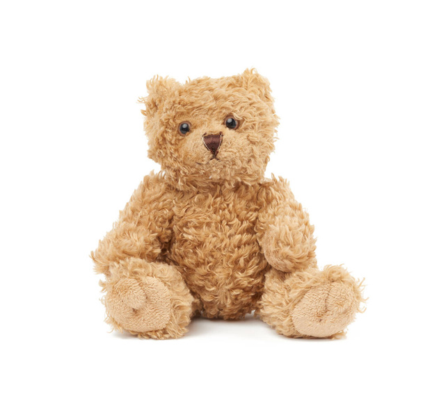 carino piccolo orsacchiotto marrone, giocattolo è seduto su uno sfondo bianco, primo piano
 - Foto, immagini