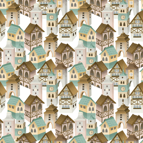 Seamless pattern of bavarian houses, german old town street, hand painted on a white background - Photo, Image