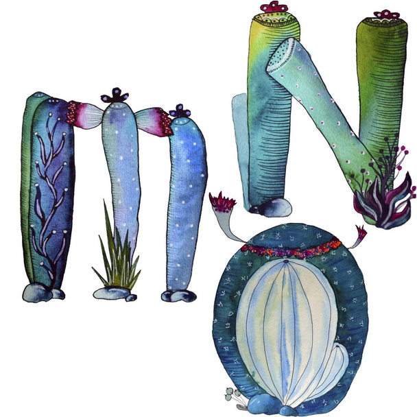 M, N, O letters in the form of cactus in blue colors, green eco English letter Illustration on a white background - Photo, Image