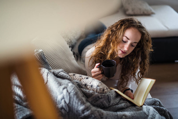 Young woman relaxing indoors at home with book. - Foto, immagini