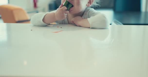 Fliesenschnitt eines kleinen Jungen, der an einem Tisch in einer Stadtwohnung sitzt und Wassermelone isst - Filmmaterial, Video