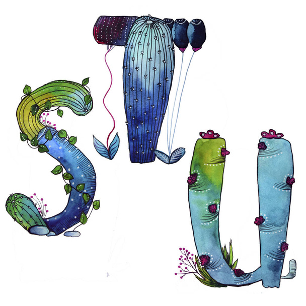 S, T, U letter in the form of cactus in blue colors, green eco English letter Illustration on a white background - Fotoğraf, Görsel
