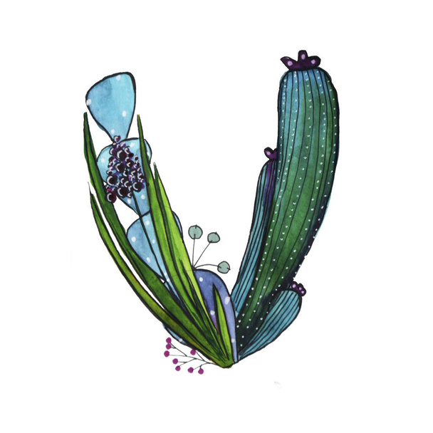 V letter in the form of cactus in blue colors, green eco English letter Illustration on a white background - Foto, afbeelding