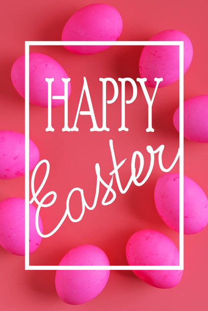 vertical postcard of Easter Eggs On Pink Background, flat lay - Foto, imagen