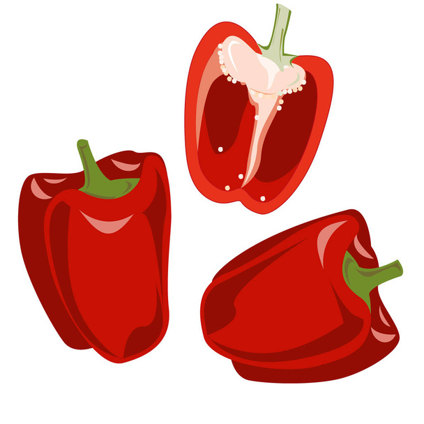 Red bell pepper, whole fruit and half, vegetables set. Vector illustration cartoon flat icon isolated on white - Vector, Image