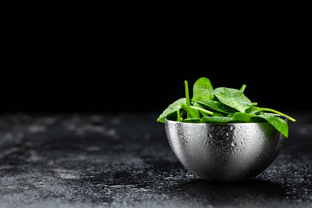Vintage looking table with fresh Spinach (detailed close-up shot; selective focus) - Zdjęcie, obraz