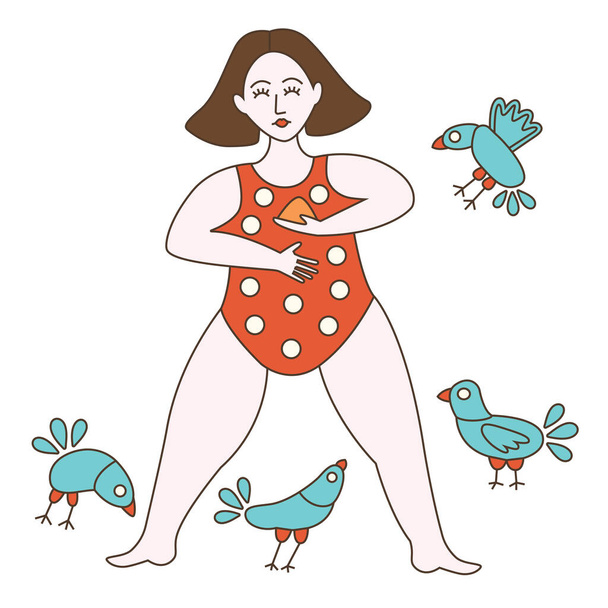 Illustration of girl feeding pigeons - Vector, Image