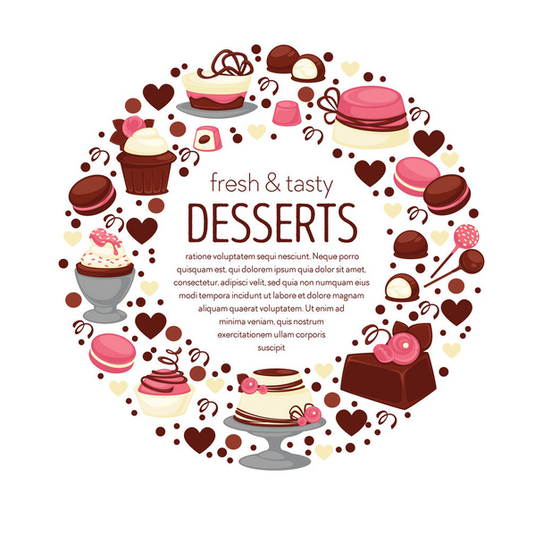 Desserts with flower decor, wedding or birthday cake isolated dishes on emblem vector. Chocolate and cream, cupcakes and candies, confectionery product. Food or sweet meal, berries and macaroons - Вектор,изображение