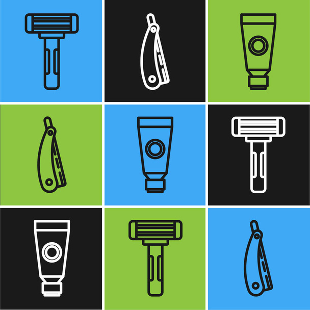 Szett vonal Borotválkozás borotva, krém vagy krém kozmetikai cső és egyenes borotva ikon. Vektor - Vektor, kép