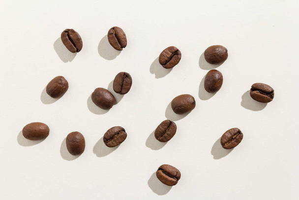 Selection of roasted coffee beans seed. Top view of scattered grains. - Photo, Image