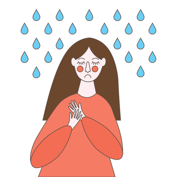 Flat vector illustration with sad girl in rain - Вектор,изображение