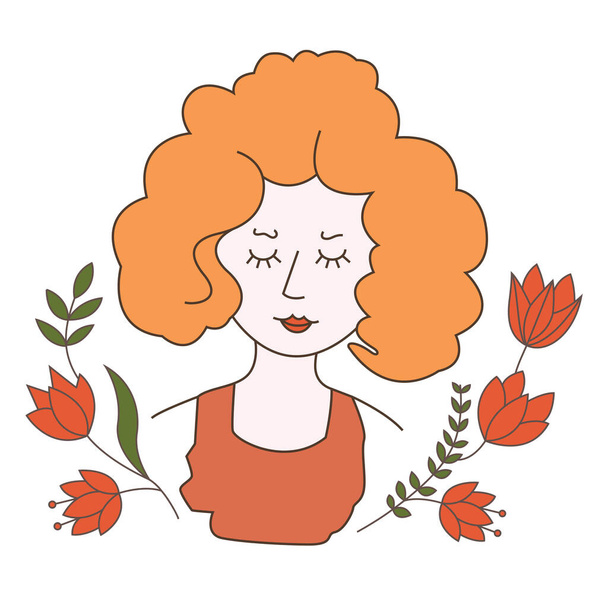 Illustration of red-haired girl in flowers - Διάνυσμα, εικόνα