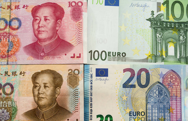 Kínai jüan és eurobankjegyek. Pénzügyi háttér. - Fotó, kép