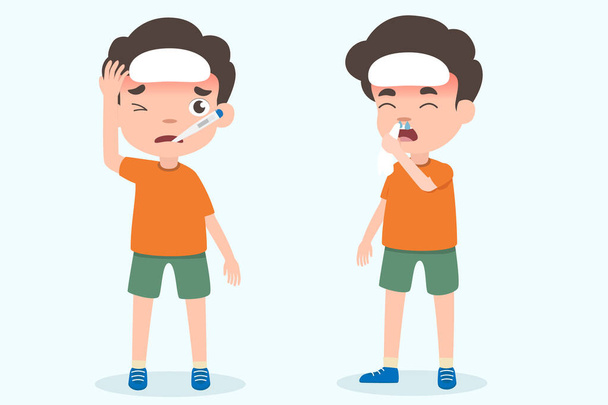Cute boy kids having flu and fever symptoms vector. health and medical vector illustration on isolated. - Vector, Image