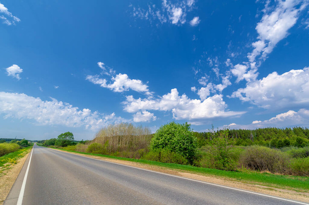 весняне фото зроблене з ширококутною лінзою, місцевим шосе, яскраво-зеленими деревами, хмарами в блакитному небі
 - Фото, зображення