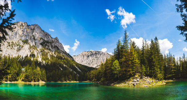 Panorama of Lake in Alps called Green Lake, Gruner See. Place to visit tourist destination. Sunny summer day in Styria, Austria - Photo, Image