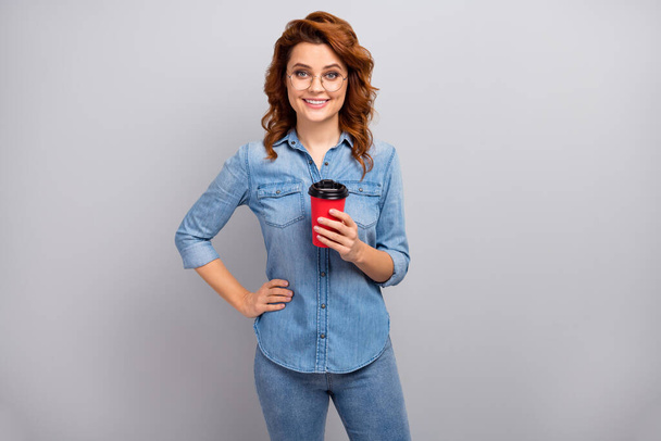 Portrait of positive charming lovely smart successful university worker have rest relax hold hot cappuccino beverage wear good look outfit isolated over grey color background - Photo, image