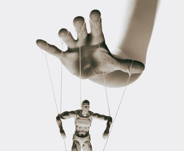 Conceito de controlo. Marionete na mão humana. Imagem em preto e branco
. - Foto, Imagem