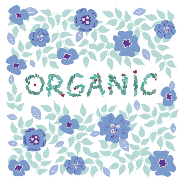 A lettering with the text organic from green leaves on a background of csets and a white backdrop. Square Vector stock illustration with doodle plants and letters for design and social media. - Vektör, Görsel
