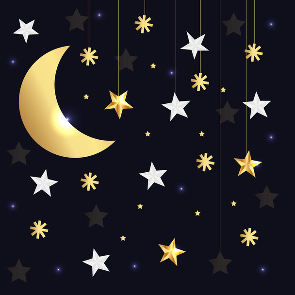 Векторный роскошный черный фон с золотыми звездами и луной. Векторная иллюстрация
 - Вектор,изображение