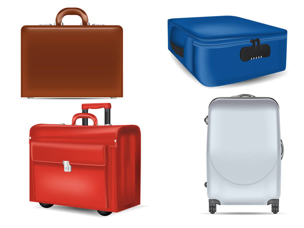 Realistic travel suitcases mockups set. Brown leather briefcase, wheeled red suitcase, white plastic travel bag and blue handbag with lock on white background. Luggage templates vector illustration. - Vector, Image
