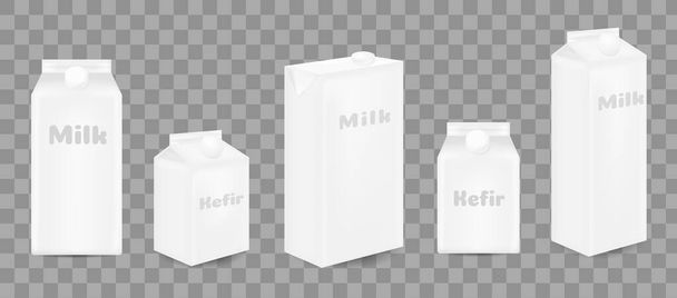 Realistische mockups van kartonnen containers voor sap of zuivelproducten. Melk, milkshake, yoghurt of kefir pakket klaar voor branding. Witte kartonnen dozen met ronde schroefdop vector illustratie. - Vector, afbeelding