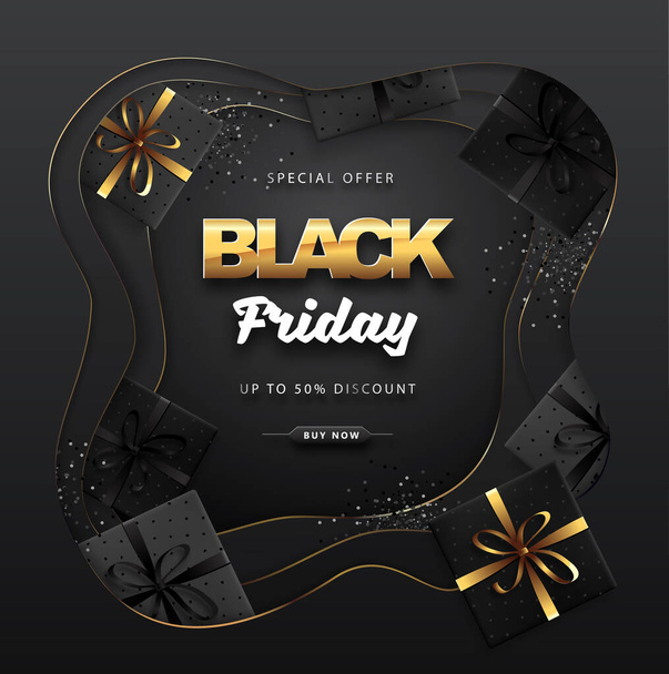 Black friday sale banner with gift boxes on dark black background - Vector, Image