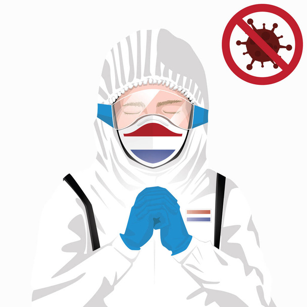 Concepto Covid-19 o Coronavirus. Personal médico holandés con máscara en ropa protectora y rezando por contra el brote del virus Covid-19 en Holanda. Hombre holandés y bandera holandesa. Virus de la corona epidémica
 - Vector, imagen