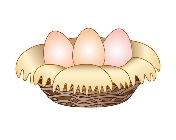 Nest met drie eieren - vector full color afbeelding. Vogelnest van zolder en hooi met grote eieren - een lentethema. - Vector, afbeelding