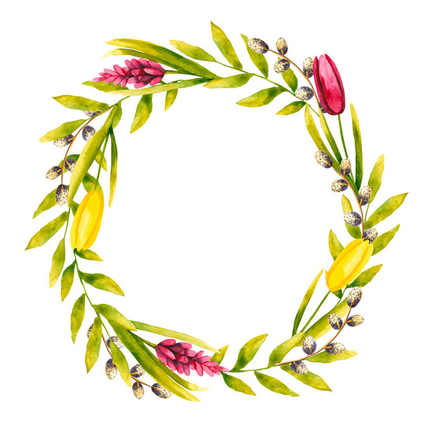 Watercolor floral wreath. Hand drawn illustration is isolated on white. Painted tulips,  hyacinth and branches are perfect for greeting card, wedding invitation, fabric textile, holiday banner - Valokuva, kuva